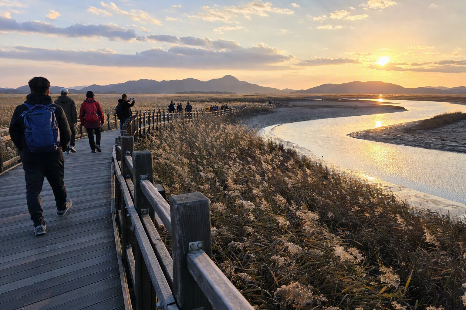 明亮鮮活、寫實感的順天濕地景觀，有蘆葦、蜿蜒水道、遠方丘陵與夕陽下走在木棧道的旅人