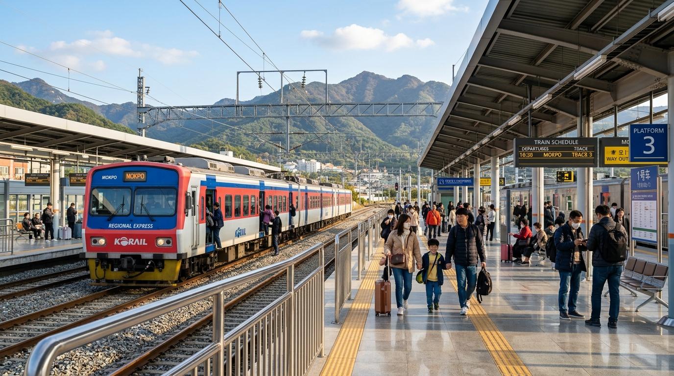 明亮鮮活、寫實感的韓國地方火車站場景，有旅客、遠方山景、乾淨月臺與柔和午後光線