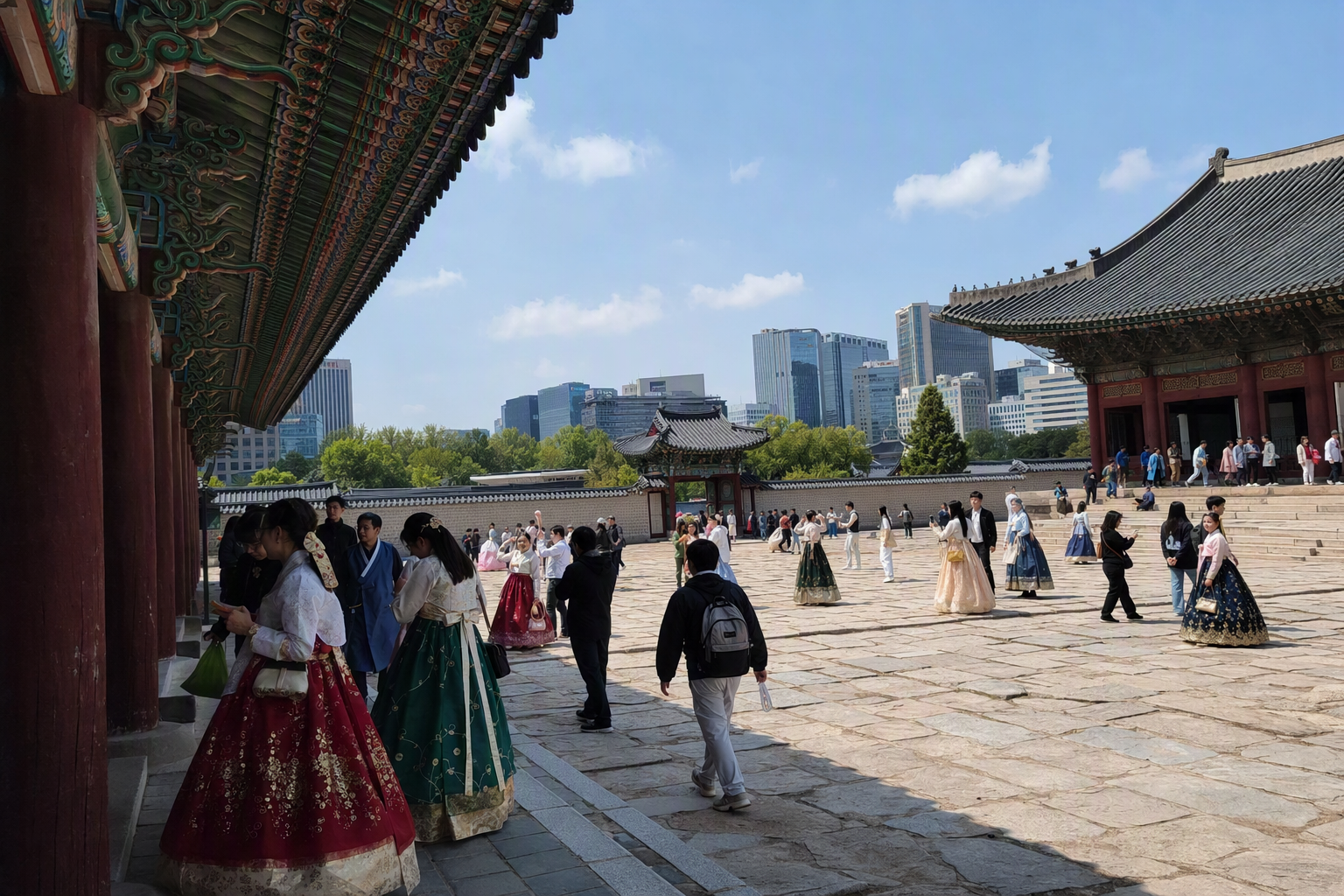 明亮鮮豔、寫實風格的首爾宮殿庭院，彩色建築、穿著優雅韓服的遊客、藍天，以及城牆外若隱若現的現代城市感