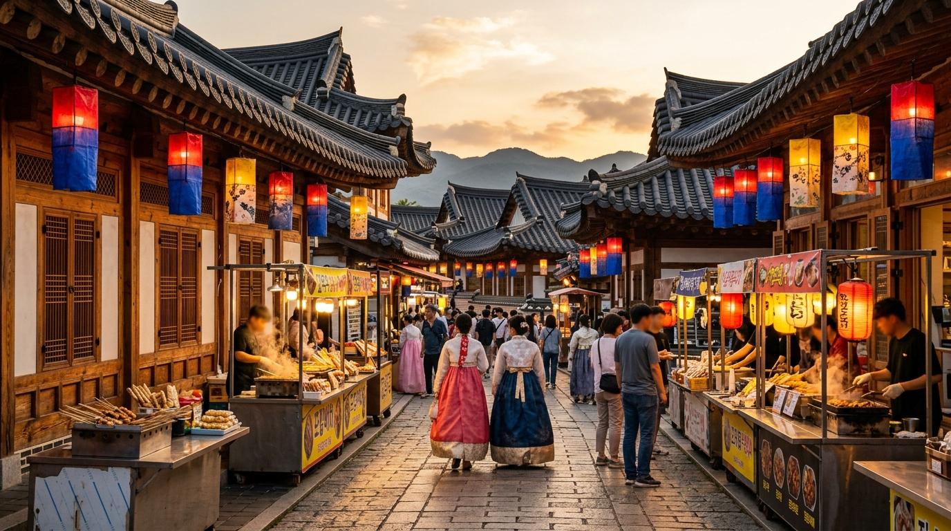 明亮鮮豔、寫實風格的全州韓屋村街景，有瓦屋頂、沒有文字的燈籠、食物攤位與溫暖的金色傍晚光線，無韓文文字