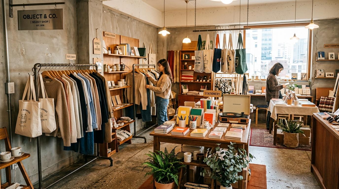 Bright photorealistic lifestyle select shop with clothes, stationery, tote bags, vintage racks, warm lighting, creative Seoul boutique atmosphere, no Korean tex