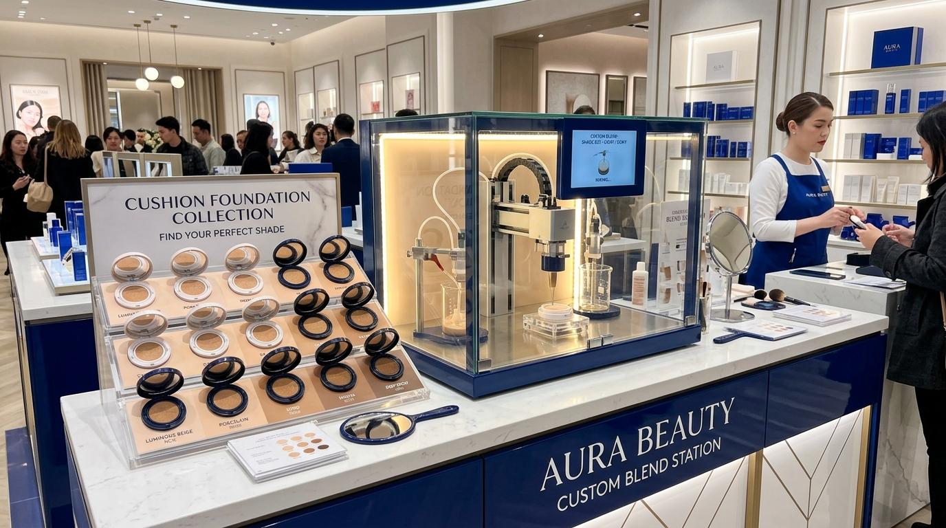Bright photorealistic beauty flagship counter with cushion foundation shade samples, robotic mixing station, elegant blue and white design, no Korean text visib