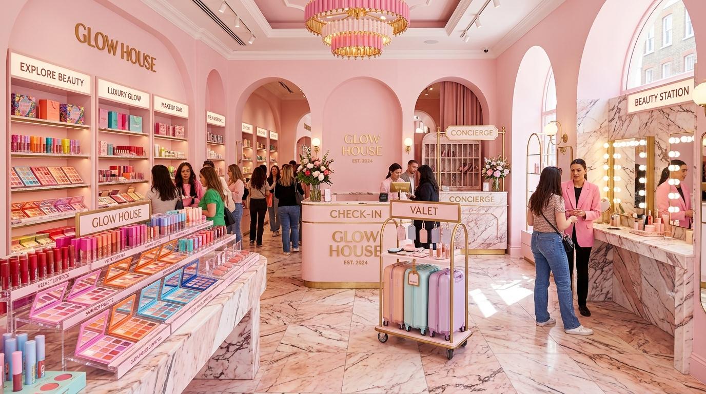 Bright photorealistic pink cosmetics flagship interior, playful hotel-inspired displays, colorful makeup palettes, polished marble details, no Korean text visib
