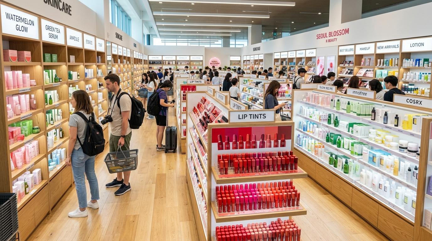 Bright photorealistic interior of a large K-beauty store, neatly arranged skincare shelves, colorful lip tints, wide aisles, travelers browsing, no Korean text