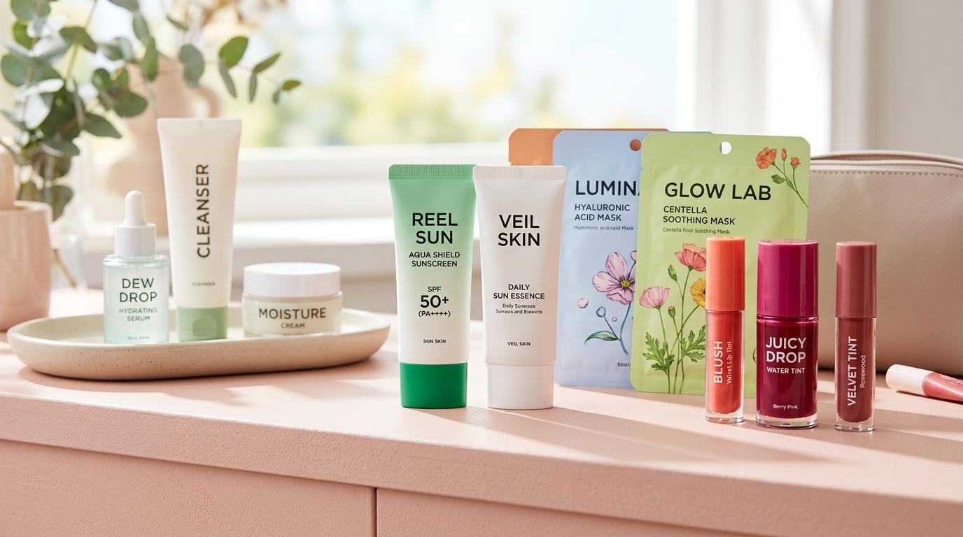Bright photorealistic close-up of Korean skincare products, sunscreen tubes, sheet masks, lip tints, soft pastel counter, glossy clean lighting, no Korean text