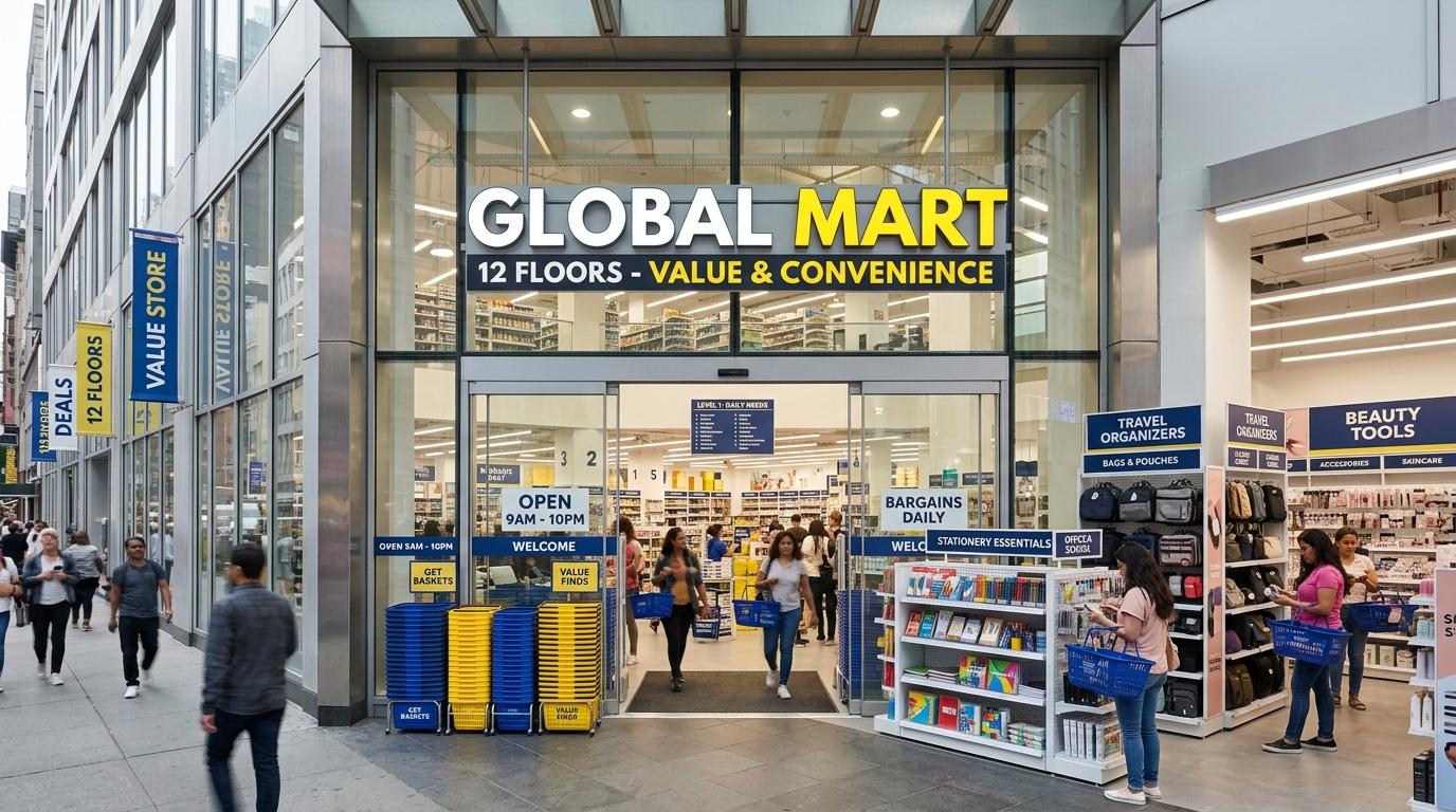 Bright photorealistic twelve-floor value store entrance with baskets, stationery, travel organizers, beauty tools, busy shoppers, bright clean interior, no Kore