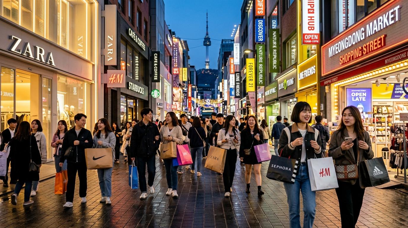 Bright photorealistic evening view of Myeongdong shopping street, glowing storefronts, stylish travelers with shopping bags, clean lively atmosphere, no Korean