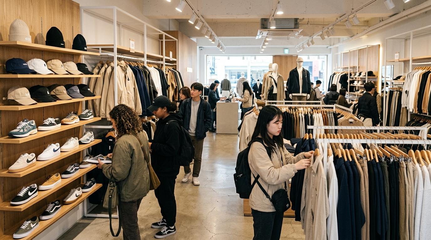 Bright photorealistic Korean fashion store interior, racks of minimalist clothing, sneakers, caps, young travelers browsing, modern Seoul retail mood, no Korean