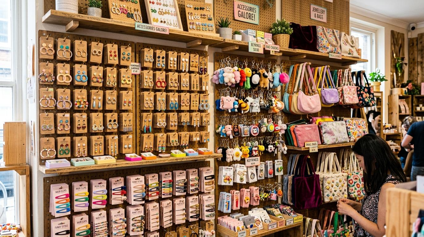 Bright photorealistic accessory shop wall filled with earrings, hair clips, keyrings, small bags, colorful displays, no Korean text visible