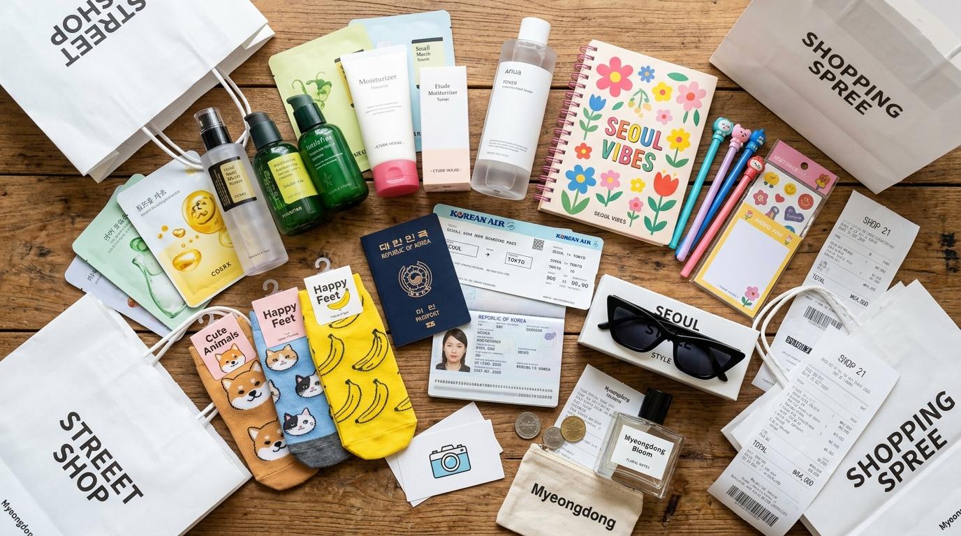 Bright photorealistic flat lay of a Myeongdong shopping haul, skincare, socks, stationery, sunglasses, perfume, shopping receipts, passport, no Korean text visi