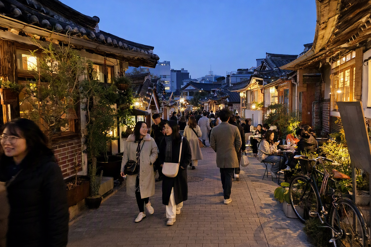 益善洞明亮鮮豔、照片寫實感的街景，有韓屋屋頂、小咖啡館、溫暖的傍晚燈光、穿搭有型的旅人，畫面中無可見文字