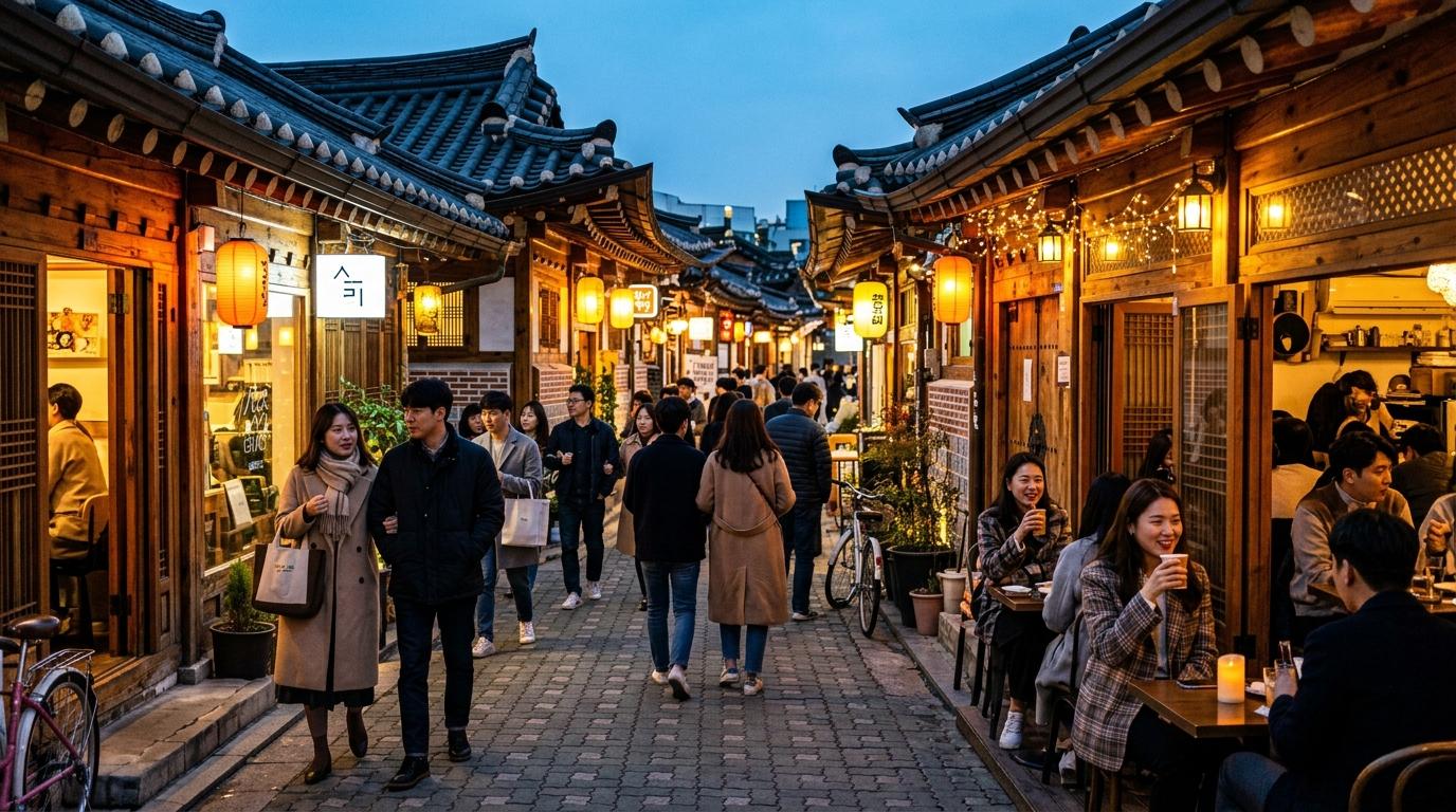 Bright, vibrant, photorealistic street scene in Ikseondong with hanok rooftops, small cafés, warm evening lights, stylish travelers, no visible text