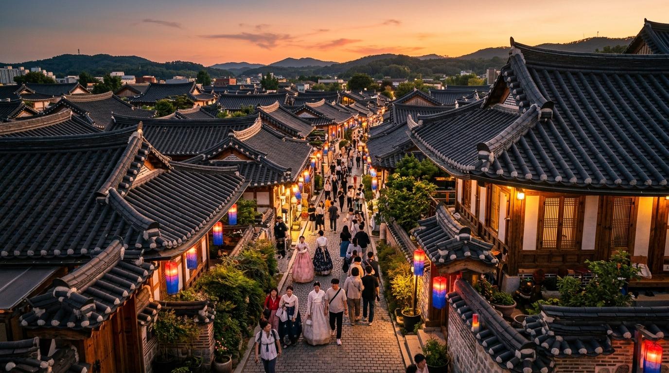 Bright, vibrant, photorealistic view of Jeonju Hanok Village rooftops at golden hour, travelers walking through narrow lanes, warm lantern light, no visible tex