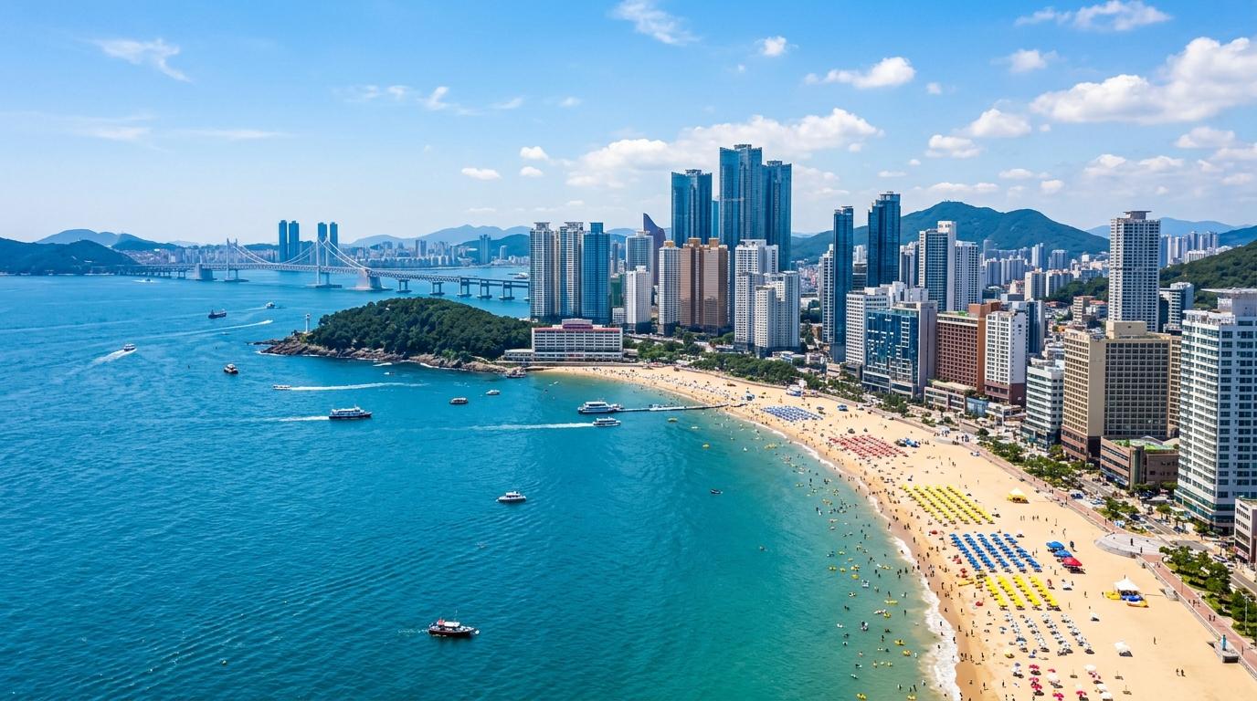 Bright, vibrant, photorealistic panoramic view of Busan coastline with Haeundae beach, skyscrapers, blue sea, sunny sky, no visible text