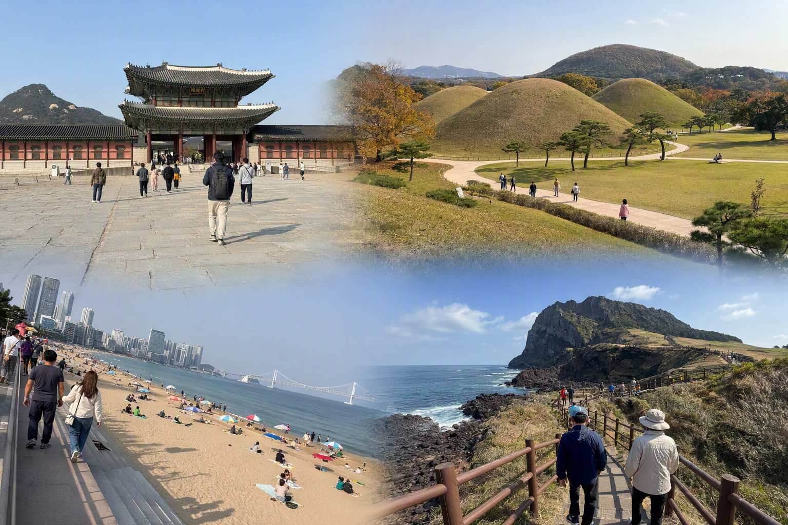 明亮、色彩鮮明、寫實拼貼風的旅行場景，包含首爾宮殿、慶州古墳、釜山海灘與濟州火山海岸，陽光色調，無可見文字