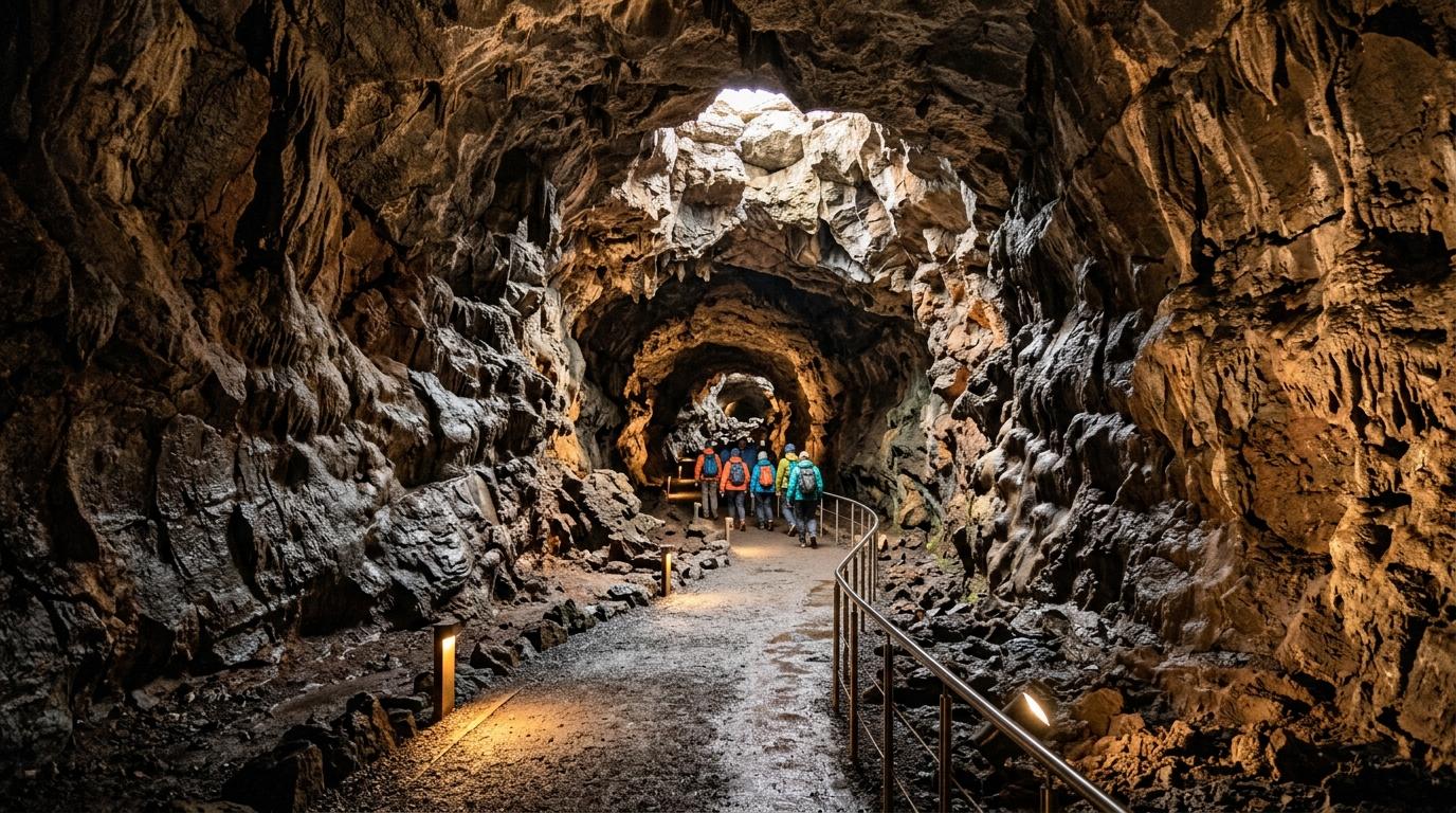Bright, vibrant, photorealistic interior of a volcanic lava tube cave with dramatic rock textures, soft pathway lighting, travelers in the distance, no visible
