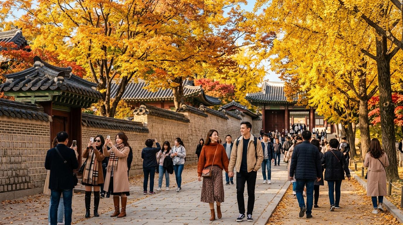 Bright, vibrant, photorealistic autumn scene in Seoul with golden trees, palace walls, stylish travelers, soft afternoon light, no visible text