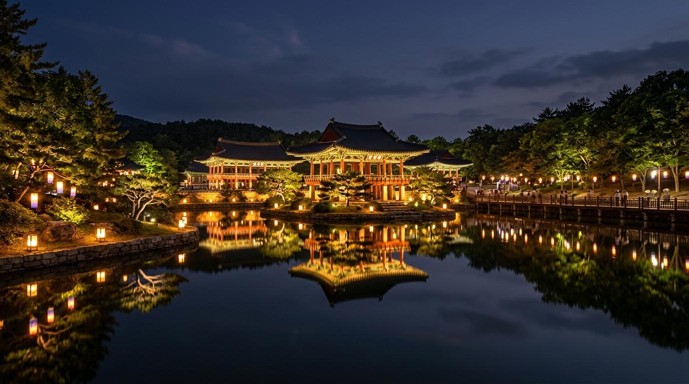 Bright, vibrant, photorealistic night view of Donggung and Wolji pond in Gyeongju with reflections, lantern glow, calm water, no visible text
