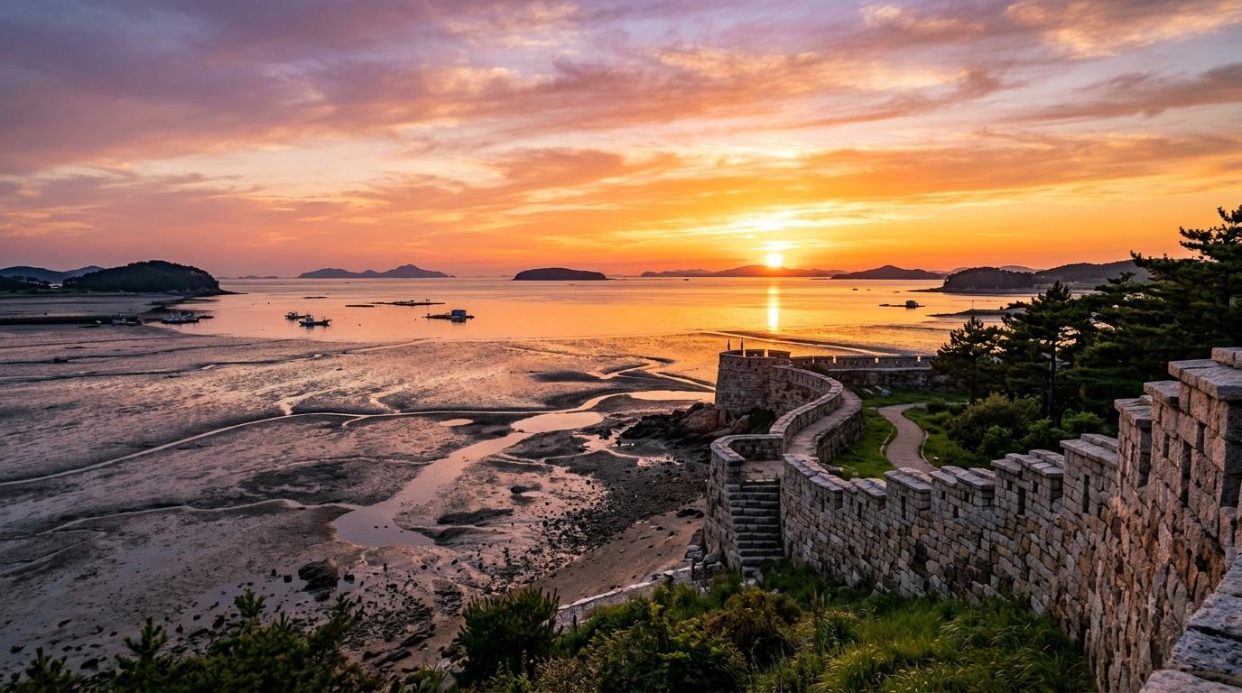 Bright, vibrant, photorealistic coastal sunset on Ganghwa Island with tidal flats, old stone fort wall, calm sea, warm orange sky, no visible text