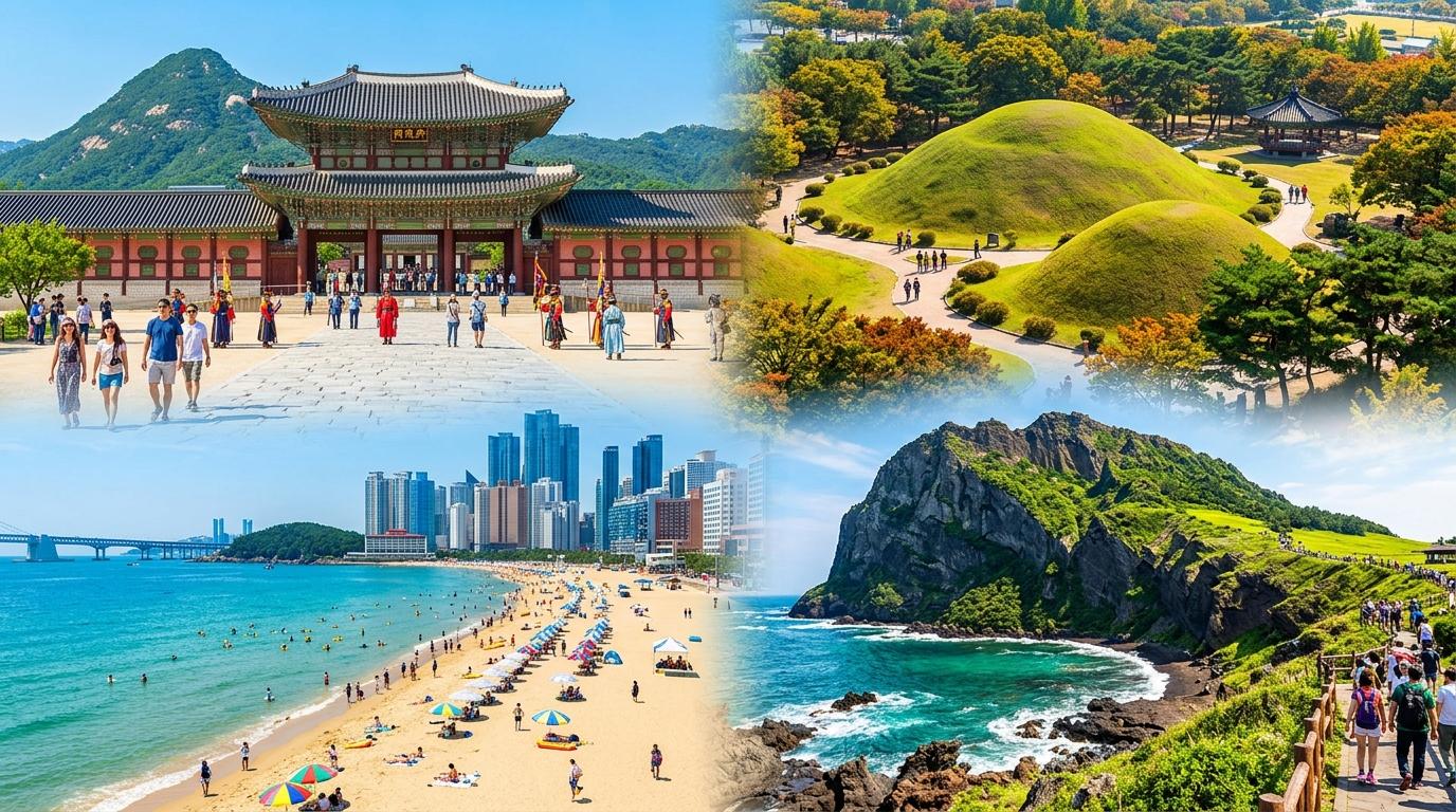 Bright, vibrant, photorealistic collage-style travel scene of Seoul palace, Gyeongju tombs, Busan beach, and Jeju volcanic coast, sunny colors, no visible text