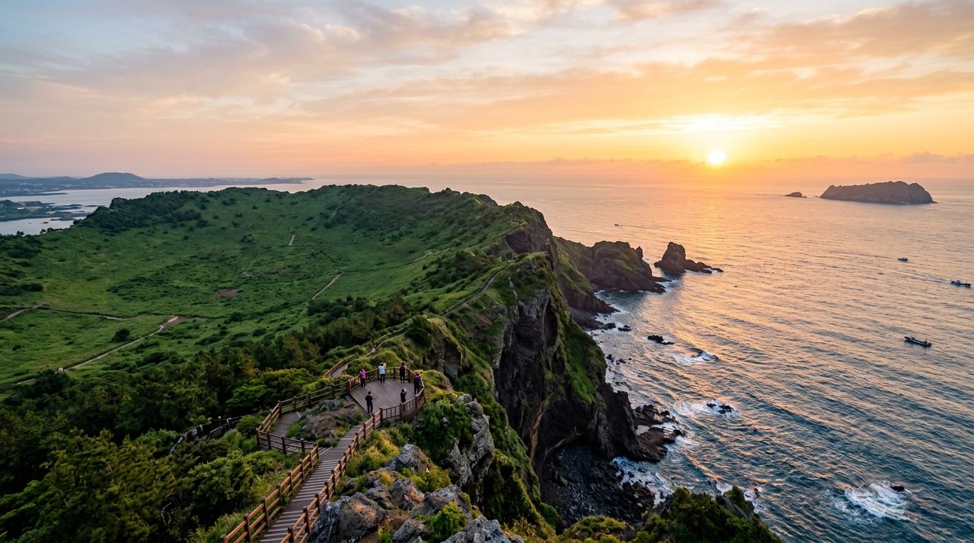 Bright, vibrant, photorealistic sunrise view from Seongsan Ilchulbong on Jeju Island, ocean cliffs, green crater landscape, soft golden light, no visible text