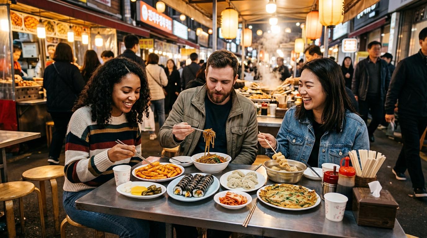 Bright, vibrant, photorealistic Korean market table with street food, colorful dishes, travelers eating casually, warm lights, no visible text