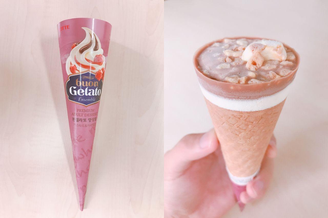 Buon Gelato Ensemble 蛋卷 & 焦糖蛋卷甜筒，粉红色包装与顶部的焦糖奶酪展示图。