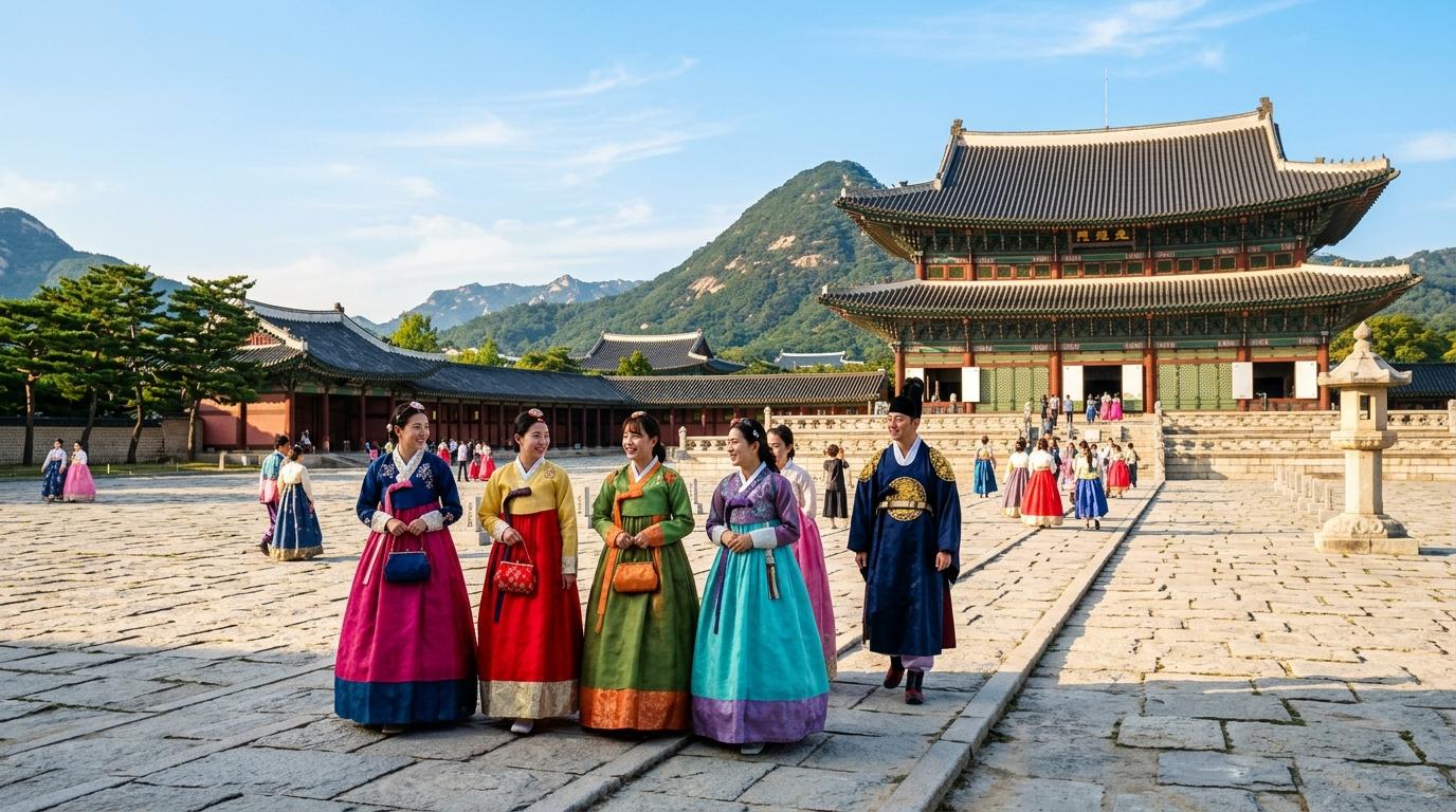 Bright vibrant photorealistic scene of travelers in colorful hanbok walking through a wide royal palace courtyard in Seoul, mountain backdrop, sunny morning, no