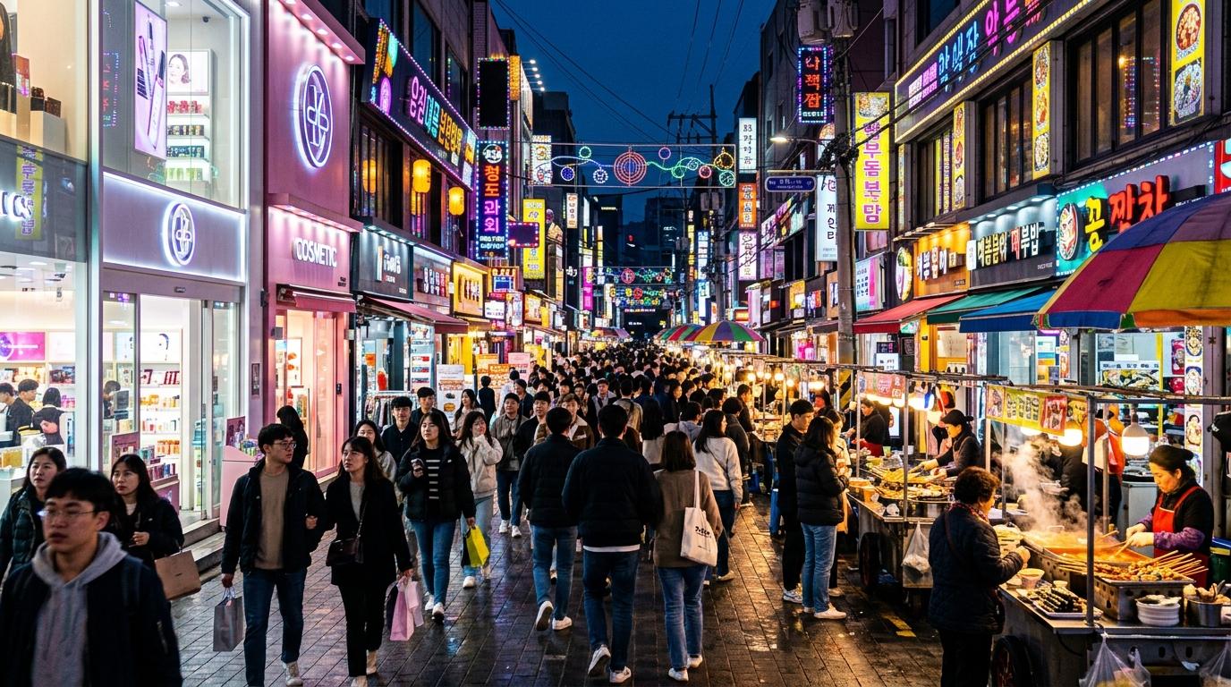 Bright vibrant photorealistic evening street in Myeongdong with cosmetics shops, food stalls, crowds, neon glow, no readable signs, no visible text
