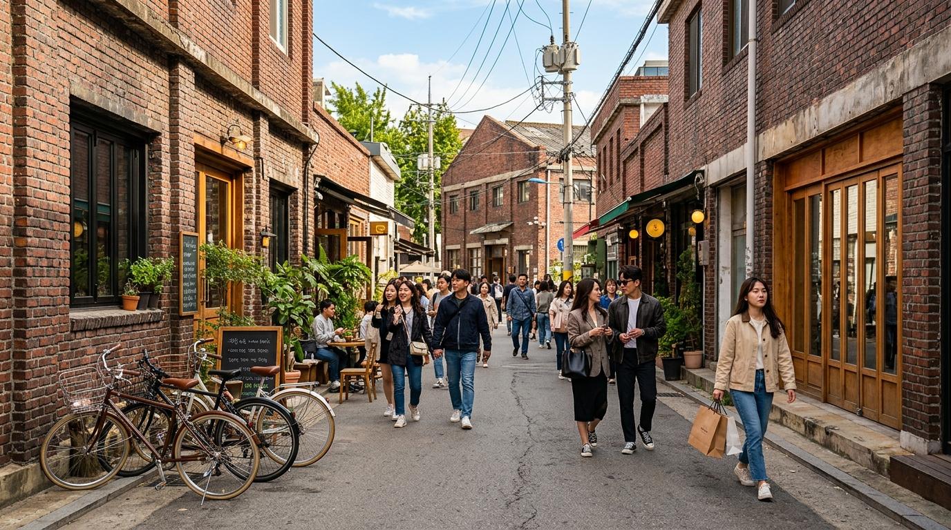 Bright vibrant photorealistic Seongsu warehouse cafe street with brick buildings, stylish shoppers, bicycles, sunny afternoon, industrial Seoul atmosphere, no v