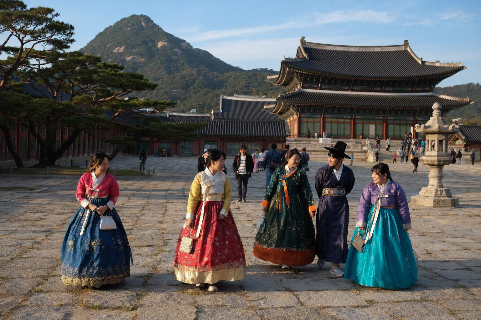 明亮鮮豔、寫實的場景,旅客穿著色彩繽紛的韓服走在首爾寬闊的王宮庭院中,背後是山景,晴朗早晨,無文字