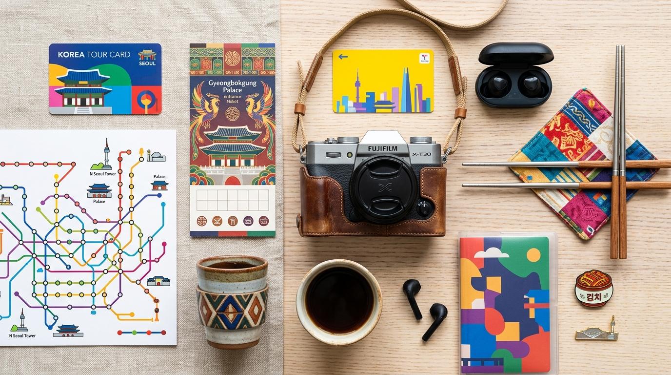 Bright vibrant photorealistic flat lay of Seoul travel items, transit card, camera, palace ticket, coffee cup, subway map style graphic without readable text, n