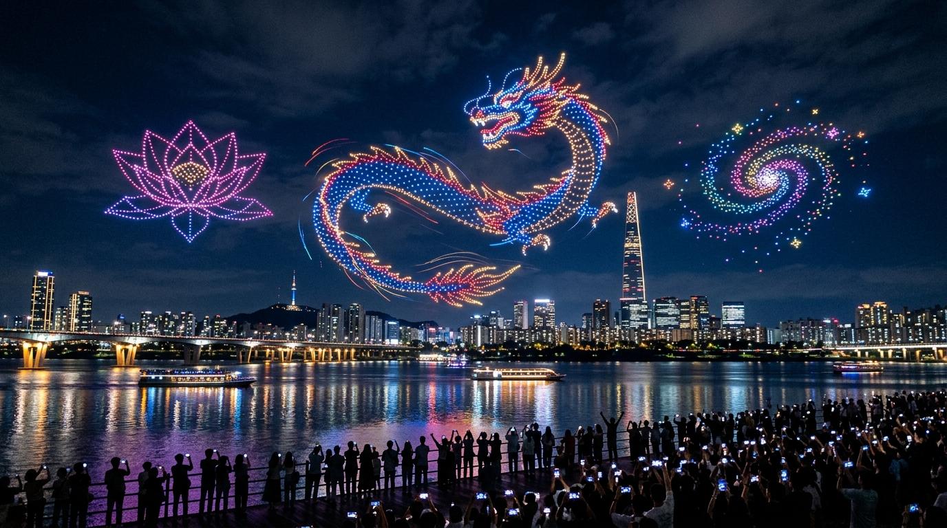 Bright vibrant photorealistic drone light show above the Han River at night, colorful shapes in the sky, Seoul skyline reflections, excited crowd silhouettes, n