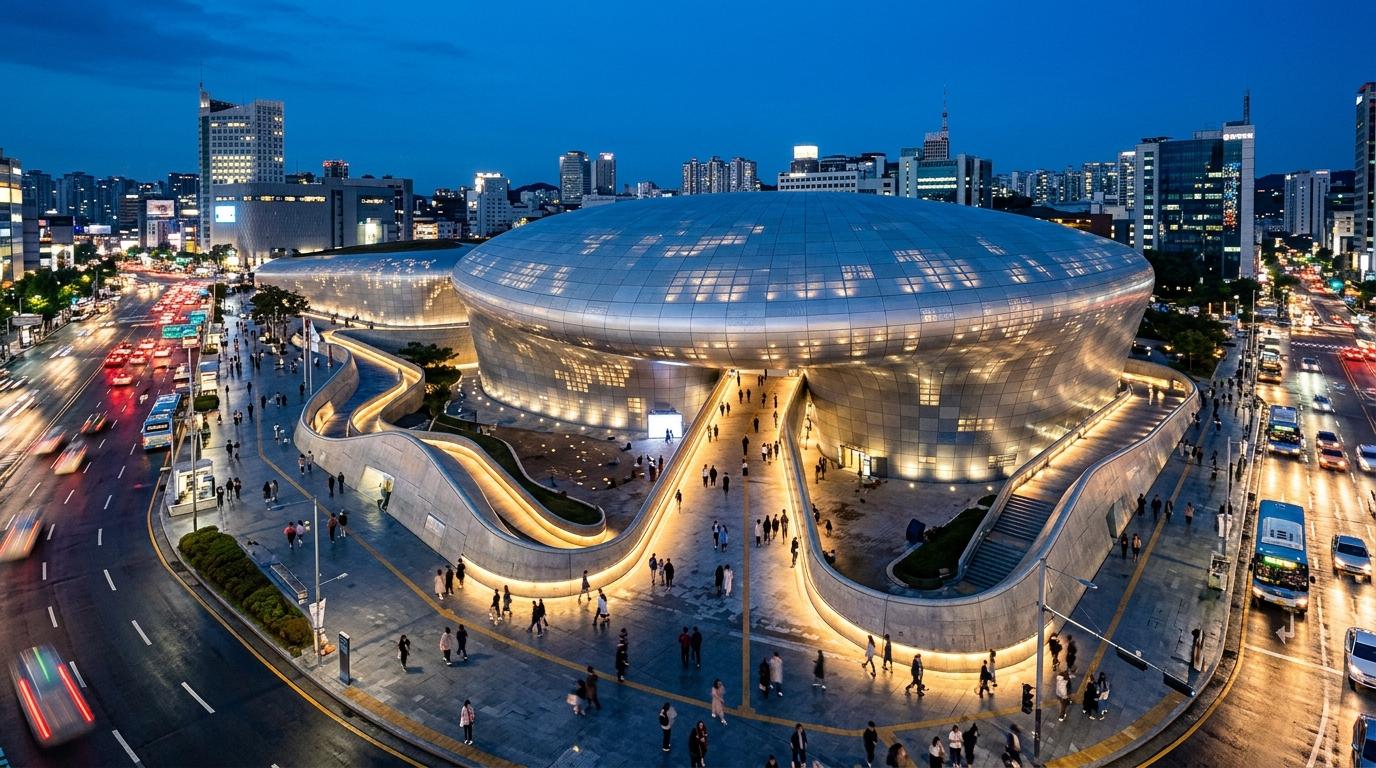 Bright vibrant photorealistic Dongdaemun Design Plaza at blue hour, futuristic silver curves, people walking, city lights, no visible text