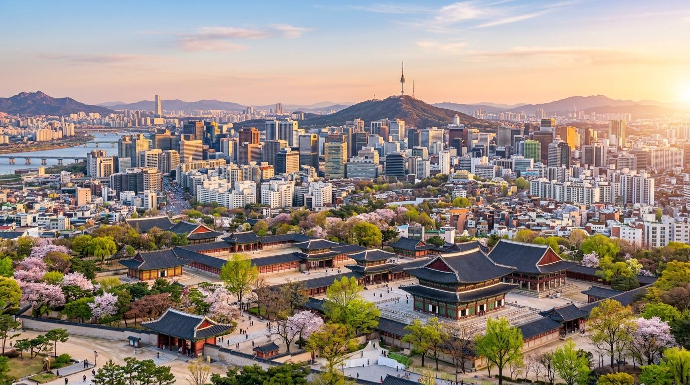 Bright vibrant photorealistic panorama of central Seoul at golden hour, royal palace roofs in the foreground, Namsan tower in the distance, spring trees, clear