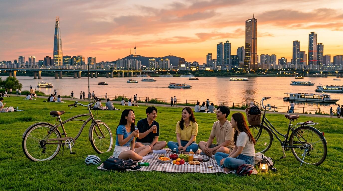 Bright vibrant photorealistic Han River picnic at sunset with Seoul skyline, friends on grass, bicycles, calm water, warm sky, no visible text