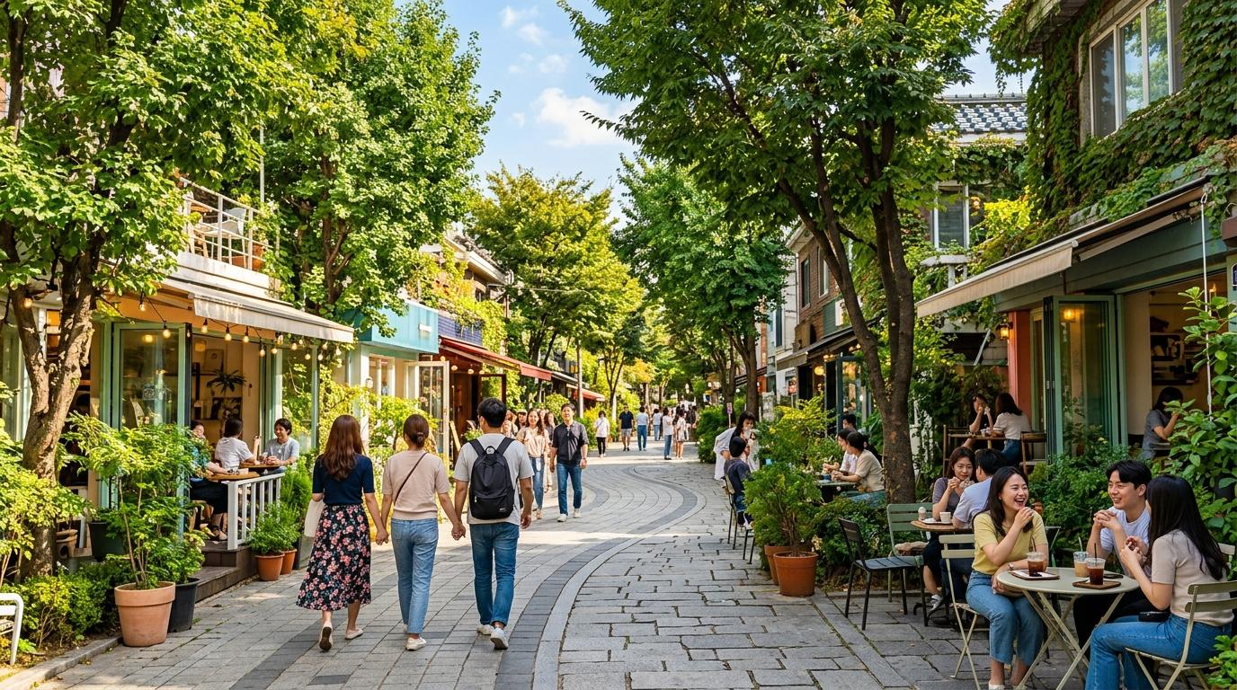 Bright vibrant photorealistic Yeonnam-dong linear park cafe street with leafy trees, small independent cafes, relaxed pedestrians, clear afternoon light, no vis