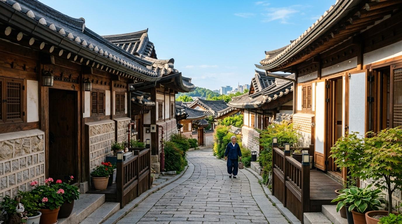 Bright vibrant photorealistic view of a quiet Seoul hanok village alley on a clear weekday morning, tiled roofs, soft sunlight, respectful distance from homes,