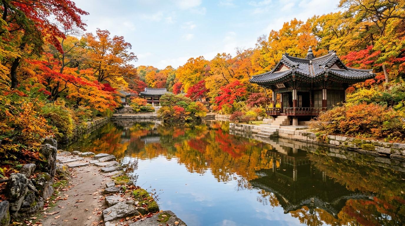 Bright vibrant photorealistic view of Changdeokgung Secret Garden pond with traditional pavilion, autumn leaves, calm reflections, soft daylight, no visible tex
