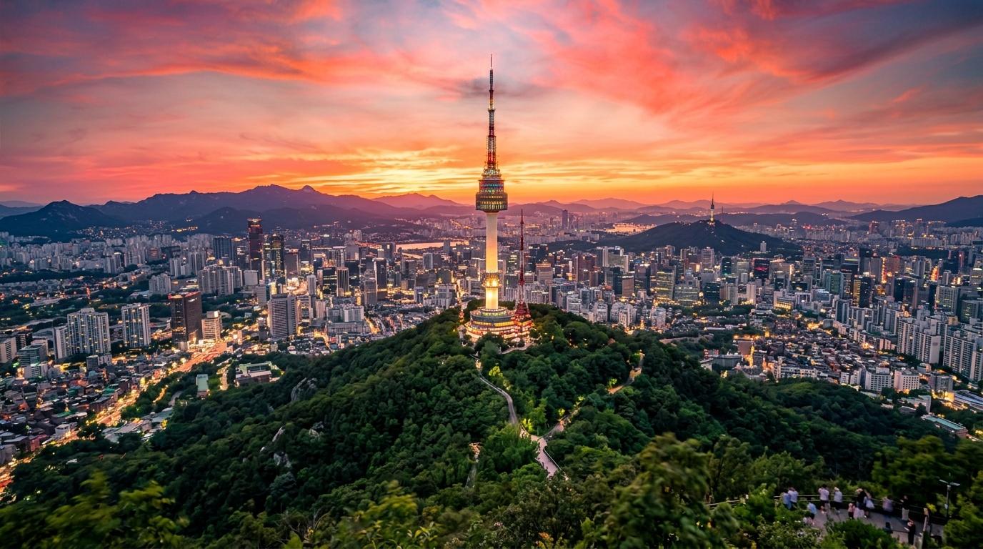 Bright vibrant photorealistic sunset view of N Seoul Tower on a green mountain above the Seoul skyline, glowing city lights beginning, no visible text