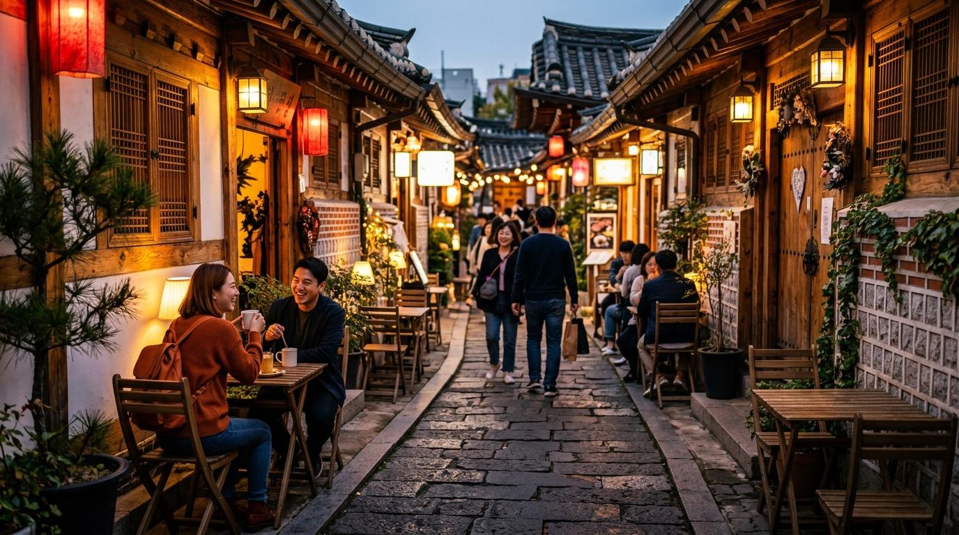 Bright vibrant photorealistic Seoul hanok cafe alley with warm lights, small tables, stylish travelers, cozy evening mood, no visible text