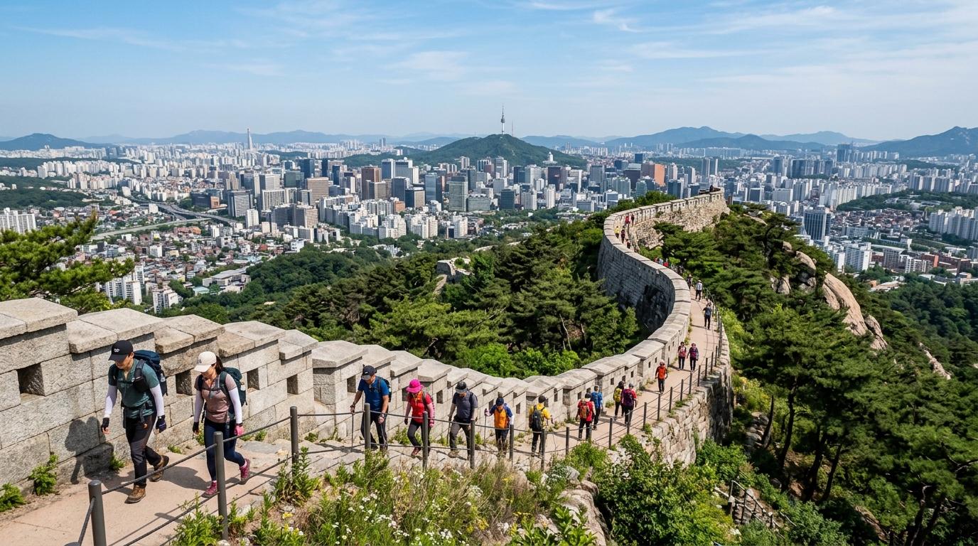 Bright vibrant photorealistic Seoul City Wall trail on a mountain ridge, stone fortress wall, hikers, panoramic city view, clear blue sky, no visible text