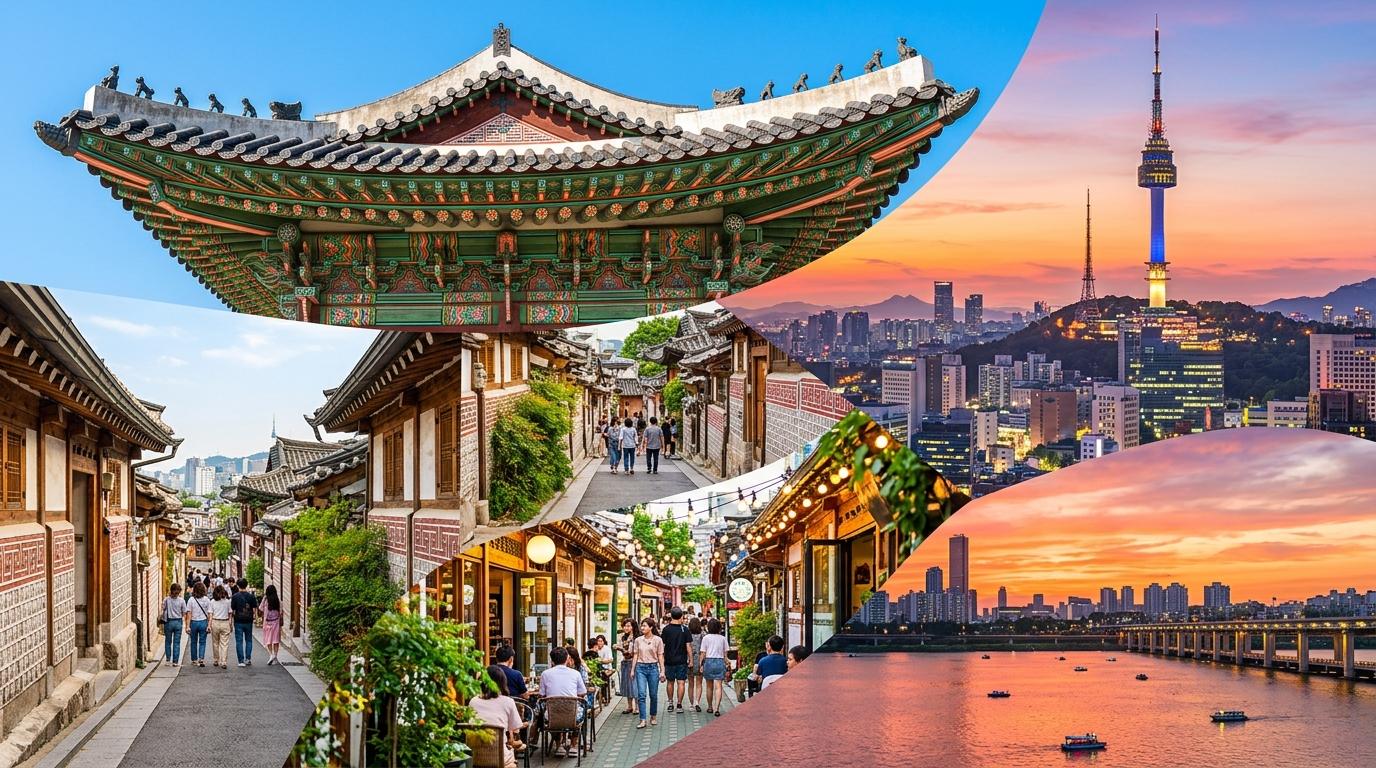 Bright vibrant photorealistic collage-style Seoul travel scene with palace roof, hanok alley, tower skyline, cafe street, Han River sunset, cohesive editorial l