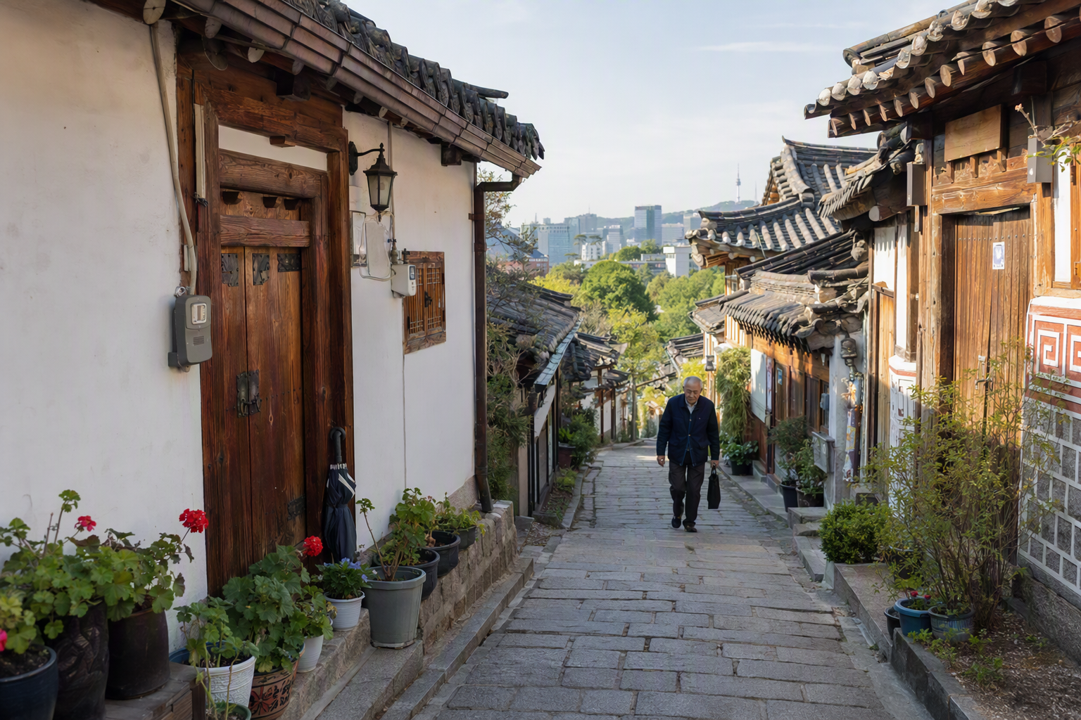 明亮鮮豔、寫實的景色,平日清晨安靜的首爾韓屋村巷弄,瓦屋頂與柔和陽光,與住家保持尊重距離,無文字