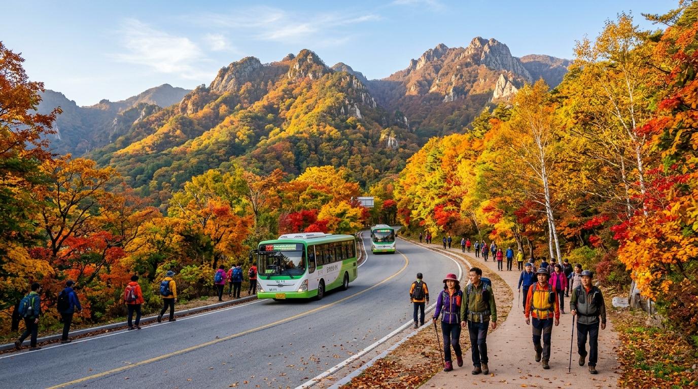 Bright vibrant photorealistic autumn scene of a mountain road leading toward Seoraksan forest, shuttle buses and hikers in warm morning light, colorful leaves,