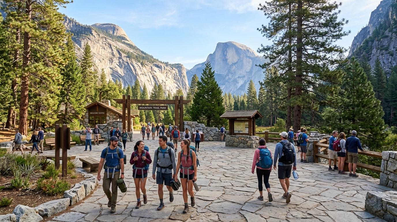 Bright vibrant photorealistic view of travelers entering a mountain park plaza with pine trees, granite cliffs in the background, clear morning light, no visibl