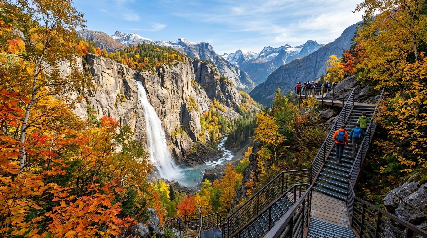 Bright vibrant photorealistic view of a high mountain waterfall framed by autumn leaves and steel observation stairs, dramatic granite cliffs, clear sky, no vis