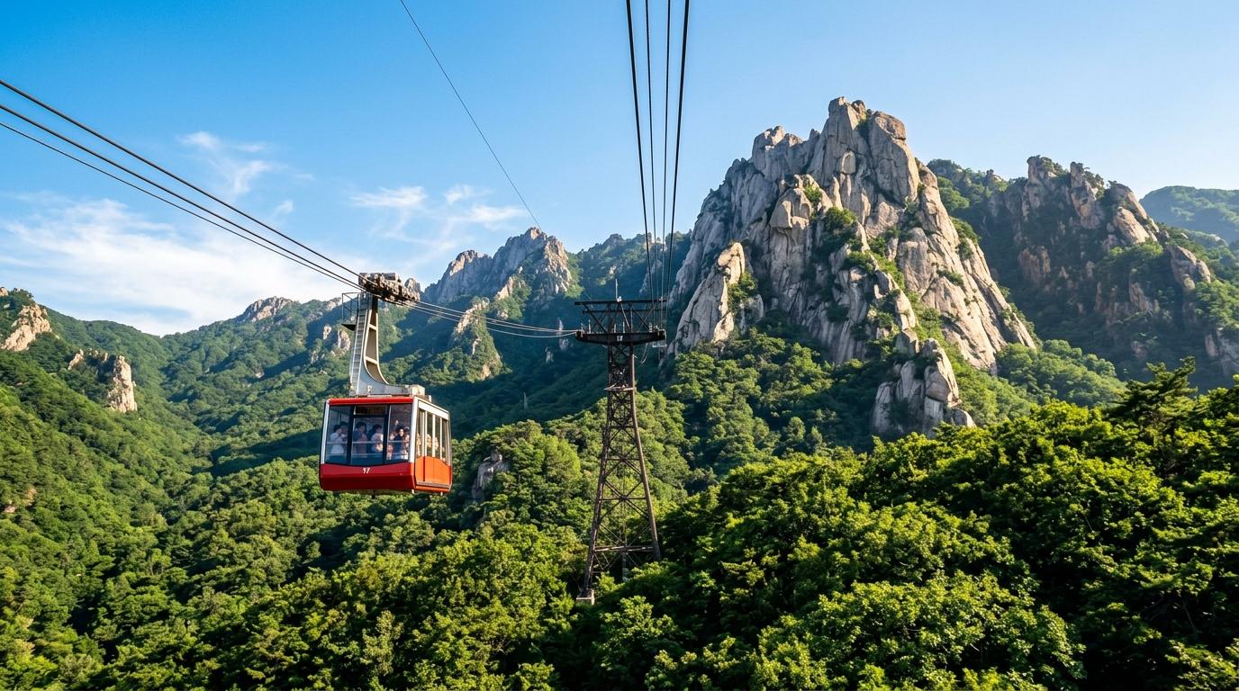 Bright vibrant photorealistic cable car gliding over dense green forest toward granite cliffs in Seoraksan National Park, clear sky, warm sunlight, no visible t