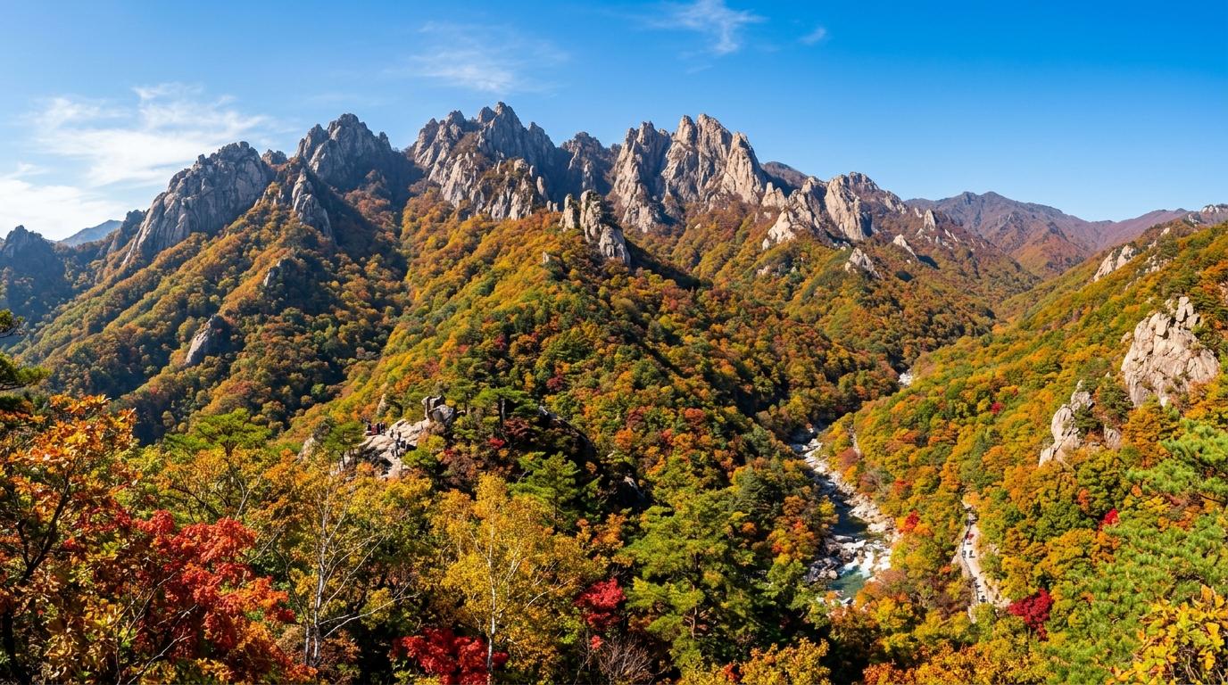 Bright vibrant photorealistic panorama of jagged granite peaks in Seoraksan National Park rising above red and gold autumn forest under a crisp blue sky, no vis