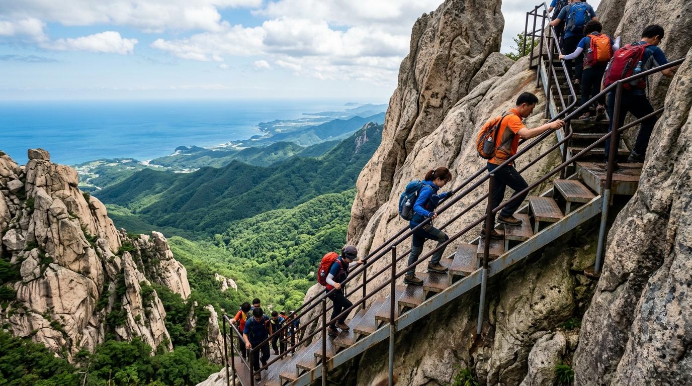 Bright vibrant photorealistic view of hikers climbing steep metal stairs along Ulsanbawi granite cliffs with sweeping forest and sea views in the distance, no v